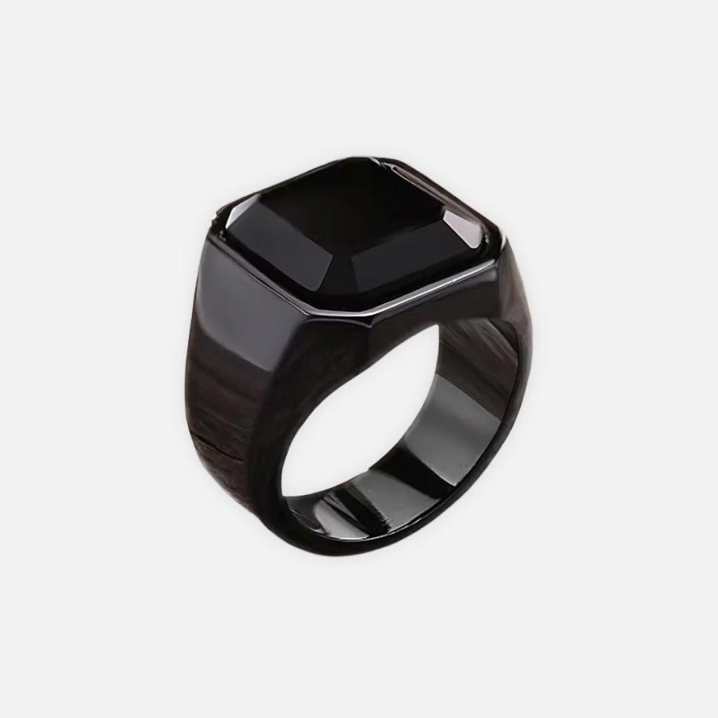 Noviqlo | Stainless Steel Square Signet Ring with Black Synthetic Stone