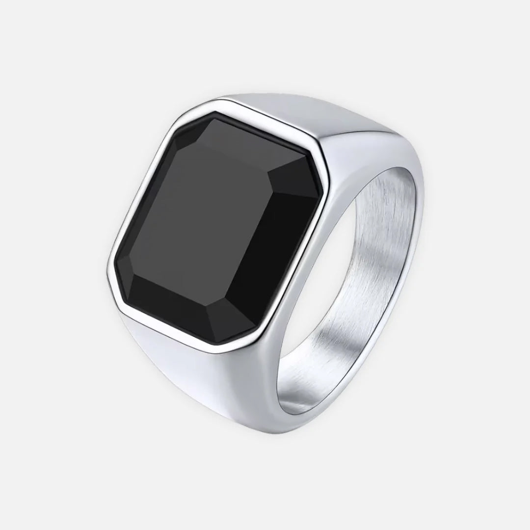 Noviqlo | Stainless Steel Square Signet Ring with Black Synthetic Stone
