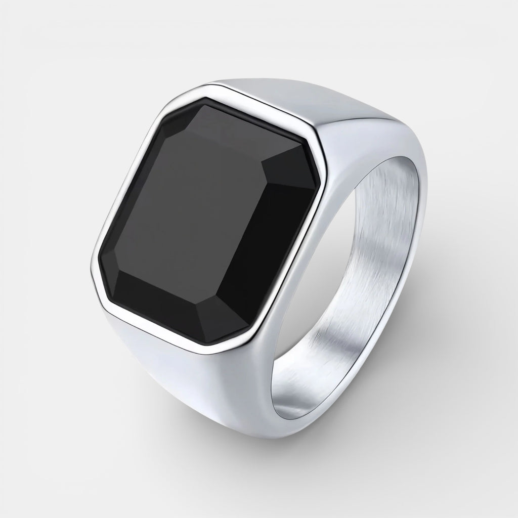 Noviqlo | Stainless Steel Square Signet Ring with Black Synthetic Stone
