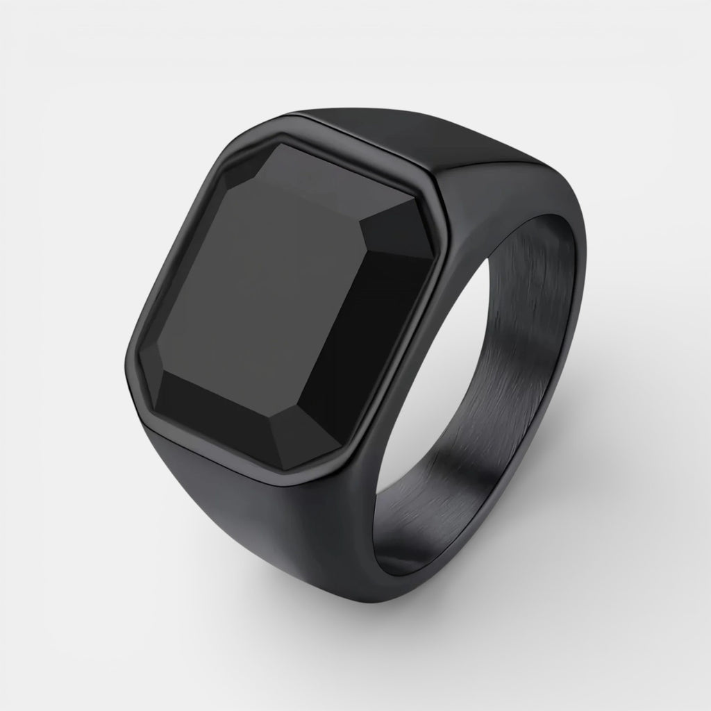 Noviqlo | Stainless Steel Square Signet Ring with Black Synthetic Stone